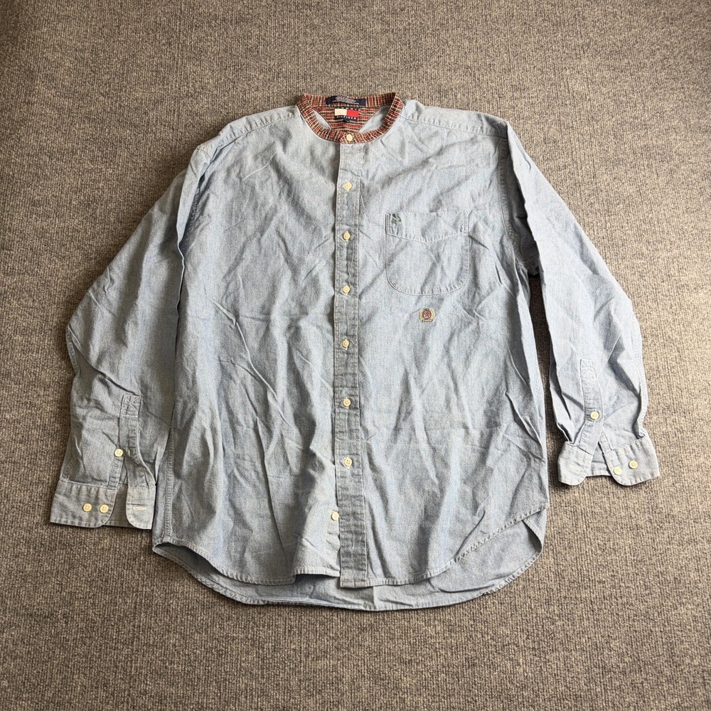 VTG Tommy Hilfiger Shirt‎ Mens Large Blue Chambray Band Collar Crest Button Up